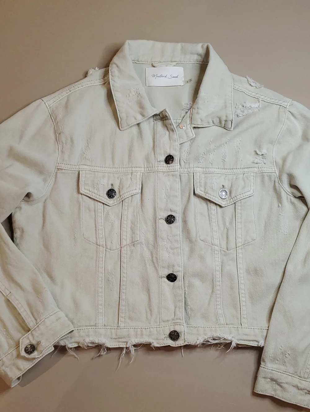 Mustard Seed Cropped Light Tan Distressed Denim Jacket Womwn's Size Small - Picture 2 of 9